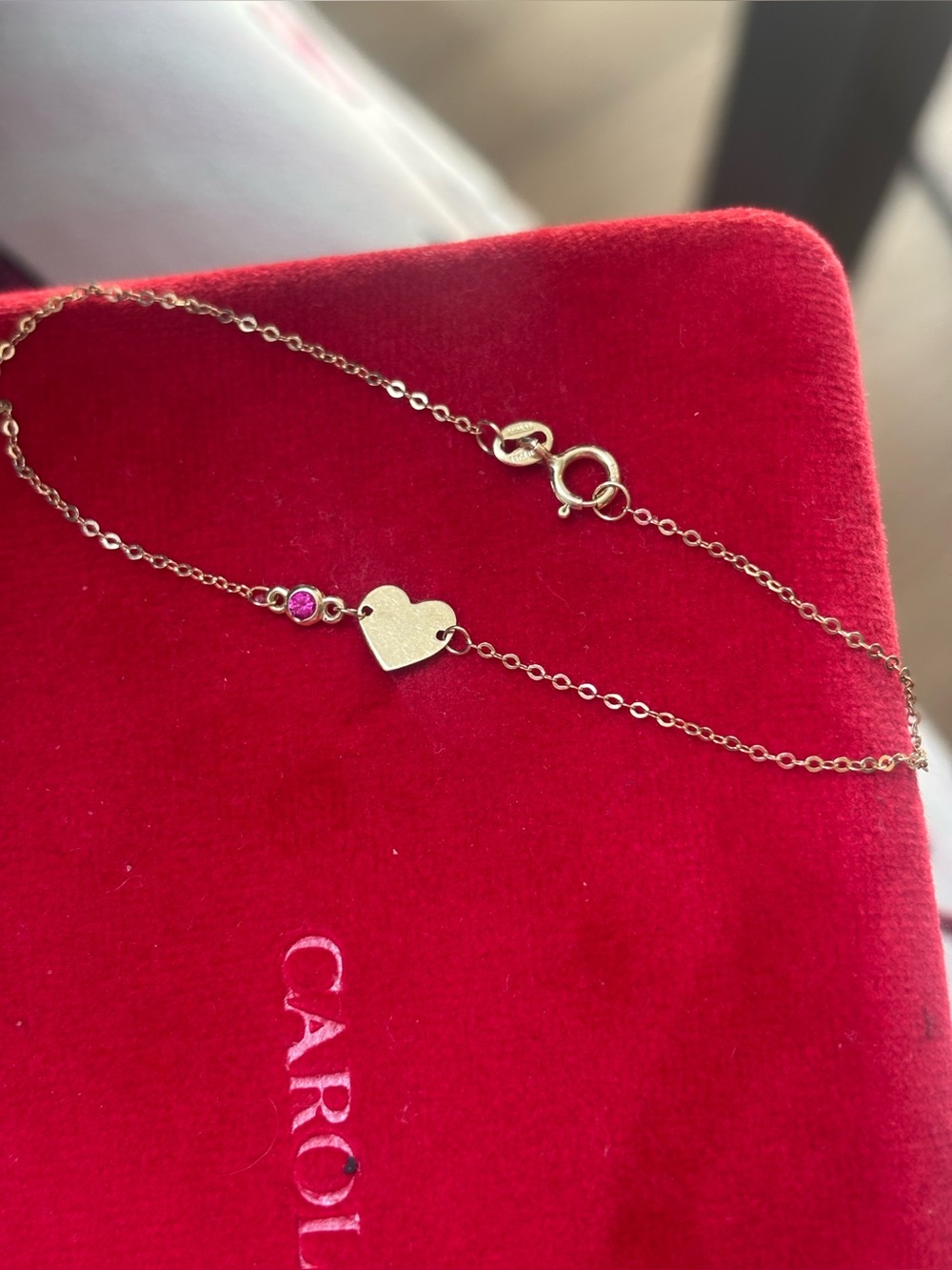 14 k Gold Heart Pendant Bracelet with Pink Stone - Carol